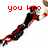 Pixelated animated icon shows a figure in black and red attire reaching for a brown object, with changing text above.