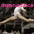 A gymnast in a white leotard performs a split on a balance beam with pink text reading "Gymnastics isn't easy" overlaid.