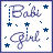 Four identical animated frames of a baby girl-themed buddy icon with blue text and stars on white background.