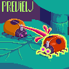 Pixel art of two ladybug-like creatures on a teal background with 'PREVIEL' text in green at top left.
