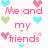 Pixelated pink text on white background with scattered heart symbols in cyan, green, and magenta.