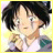 Pixelated static image of a character with dark hair and light skin wearing a white shirt, set against a yellow border on a gradient background.