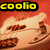 Pixelated image with yellow text 'coolio' on black background above a light-colored figure holding dark objects against red backdrop.