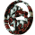 Circular and oval-shaped icon with swirling red, white, and dark green patterns on a gray background.
