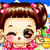 Two cartoon-style figures with brown hair and pink bows stand side-by-side against a blue sky with white clouds, one with closed eyes and the other with an open mouth.