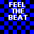 Blue and black checkered background with white text reading FEEL THE BEAT in four identical arranged in a
