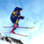 Pixelated static icon of a skier in mid-air against a light blue background with visible dithering and color blending effects.