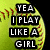 A yellow softball with red stitching is the background for pixelated text blocks in black and white.