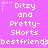 Pixelated text on a purple background with repeated phrases and star motifs, featuring 'Ditzy and Pretty-Shorts' and 'bestfriends' in light yellow.