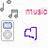 Pixelated icons display musical notes, 'music' text, iPod-like devices, and purple heart shapes in a with two animation states