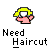 Pixelated cartoon icon of a character with yellow hair and pink face holding scissors, below which is bold text reading "Need Haircut" on gray background.