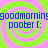 A static digital image with four identical quadrants featuring green and pink spiral patterns overlaid by blue text reading "goodmorning" and "pooper [:".