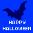 Blue background with three pixelated bat silhouettes and white 'HAPPY HALLOWEEN' text in a