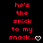 Red pixelated text on black background reads 'he's the snick to my snack...' with heart and arrow symbols changing across frames.
