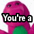 Pixelated pink dinosaur with green lower body, white background, and bold black-and-white text overlays reading "You're a" on left and "DOUCHE BAG" on right.