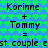 Pixelated text displays 'Korinne + Tommy = est couple' on a blue background with green heart pattern, repeated twice in vertical alignment.