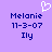 Pixelated purple background with blue text reading 'Melanie', '11-3-07', and 'Ily' on both sides, a white heart symbol above the left side.