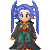 Pixelated character with blue twin tails, orange eyes, and a dark green robe with red and yellow accents on a gray background.
