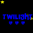 Blue 'TWILIGHT' text with blue hearts below, yellow stars scattered on black background; animation shows star positions shifting across frames.