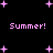 Black background with pink pixelated text reading 'Summer!' repeated four times and scattered pink plus signs.
