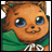 Pixelated cartoon character with large blue eyes, brown fur, green cloak, and white collar on left; black background with white text on right.