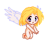 Pixelated angel icon with blonde hair, blue eyes, and white wings in six sequential poses showing wing movement.