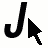 Black pixelated J-shaped symbol and arrow cursor on white background, rendered in low-resolution bitmap style.