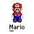 Pixel art contact sheet of five Mario character frames with text labels, showing different poses and hand gestures against a gray background.