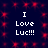 Dark blue background with red star-like patterns and repeated white text "I Love Luc!!!" in four quadrants.