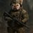Pixelated figure in military-style uniform holding a rifle, standing against a dark background with muted brown and gray tones.