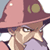 Pixelated cartoon character wearing a large pink and maroon hat with gold circular details, visible facial features including eyes and nose, and partial clothing in purple tones.