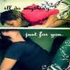 A person in a red top leans over another person in a dark shirt, with text and a heart symbol visible in different frames.