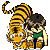 Pixel art animation of a character with brown hair and green shirt holding a tiger cub, showing sequential tail movement from curled to extended.