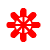 Red pixelated starburst shapes transition from full eight-pointed forms to vertical lines on gray background.