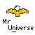 Pixelated yellow figure with white circular head, arms in various poses above text "Mr Universe" on gray background.