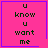 Four identical pink square with purple borders display the text "u know u want me" in black pixelated font, each containing a distinct small symbol