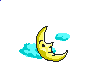 Animated pixel art of a yellow crescent moon with a face resting on blue clouds against a gray background, showing subtle pose changes across four frames.