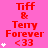 A pink background displays repeated text "Tiff & Terny Forever <33" with white star icons, where the number of stars increases from one to four across frames.
