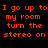 Black background with orange pixelated text reading 'I go up to Shoot up my room turn the stereo on And the you is Some Song' and a solid gray rectangle in bottom right.