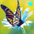 Animated butterfly with brown and black wings on a yellow-green background, featuring four distinct star icons in cyan, pink, green, and blue.