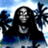 Pixelated static image of a figure with long dark hair, pale face, and black clothing against blue sky background.