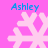 Four identical pixelated snowflakes on a bright pink background with blue text reading "Ashley" above each.