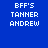 Blue background with white pixelated text reading "BFF'S TANNER ANDREW" in three lines, featuring a glowing orange circular effect on the bottom-left version.