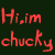 Red pixelated text on dark green background reads 'Hi,im Wanna chucky play?' above a low-resolution close-up of a doll's face with wide eyes and a slight smile.