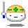 A 4x3 contact sheet of pixel art frames showing a round white character with a yellow and green helmet, holding either a gray or red sword-like object across different animation states.