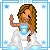 Pixelated character with long brown hair in blue top and white pants, waving hand against light blue starry background with text "Fuck You" below.