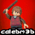 Three pixelated LEGO-style figures with red backgrounds, each holding a weapon and displaying text labels above pink glowing objects.