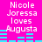 A bright pink background displays repeated text 'Nicole Joressa loves Augusta' with cyan horizontal bars below, showing animation changes in bar positions.