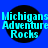 Four identical circular icons with black backgrounds and cyan text reading "Michigans Adventure Rocks" on a blue background.