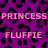 Pixelated text 'PRINCESS FLUFFIE' in light pink on a purple background with black abstract shapes.
